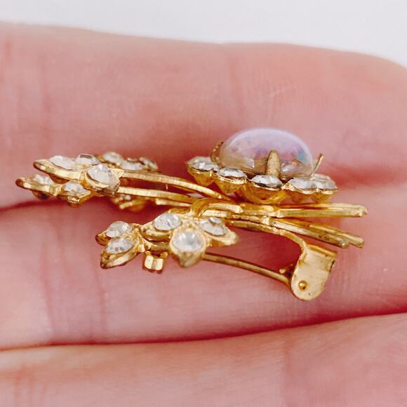 Small VTG Mid Century Faux Opal Rhinestone Floral Brooch Pink Flower Spray Pin - Picture 7 of 11